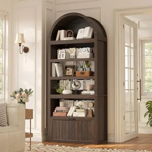 81" Tall Arched Cabinets,Bookcase with storage,Mid-Century Modern 6-Tier Bookshelf with Door,2 Book Risers and