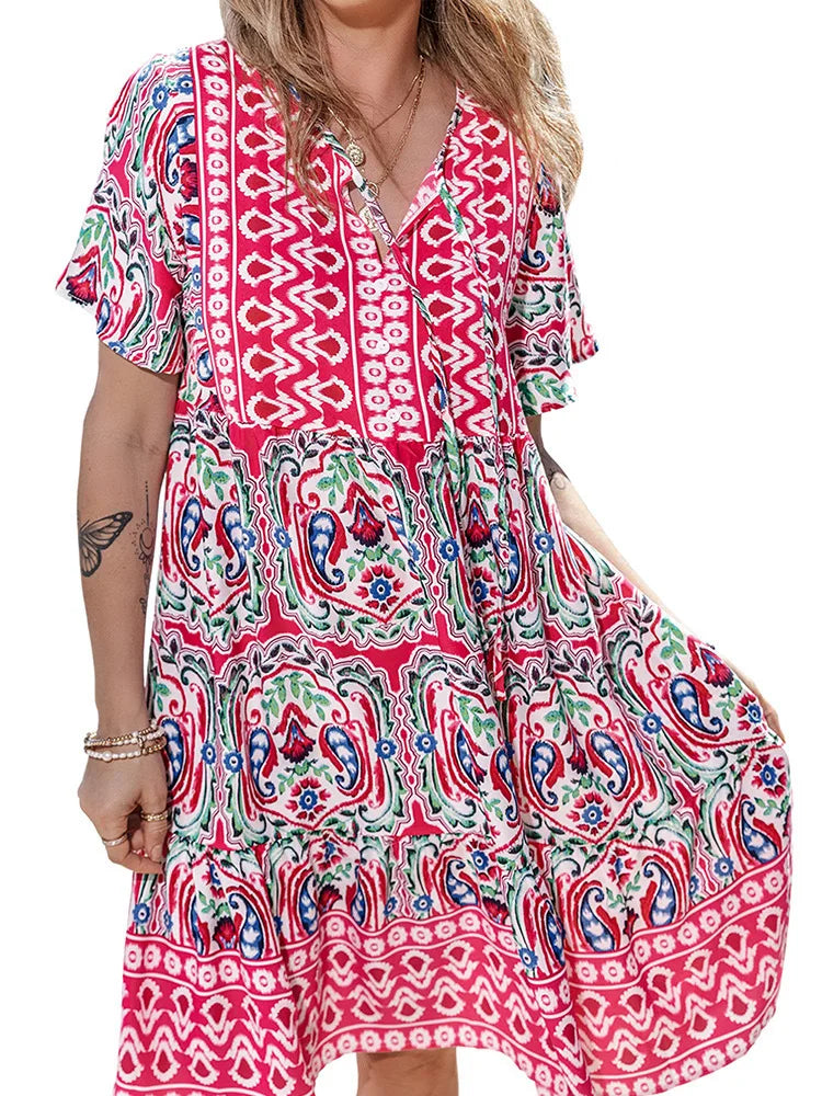 2026 Women's Clothing Floral Short Sleeve Loose Sexy Spring Summer Bohemian Casual Dress