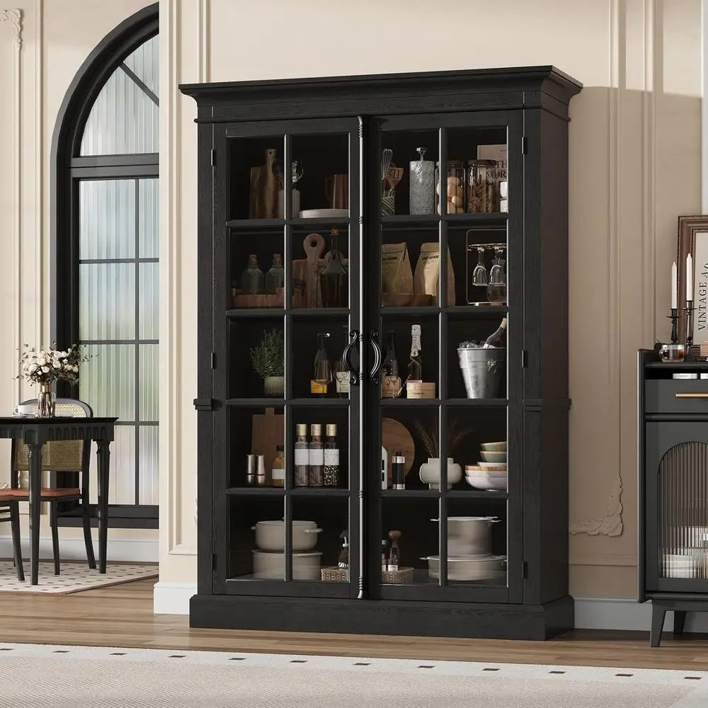 65 Tall Display Cabinet with Adjustable Shelves, 5-Tier Bookcase, Tempered Glass Door, Storage Cabinet for Home and Office, Blac