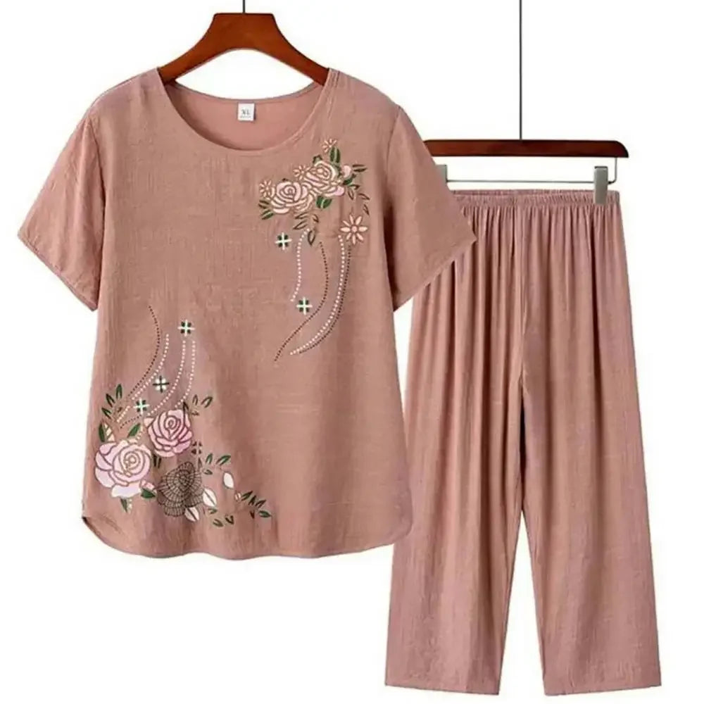 Middle-aged elderly women's short-sleeved t-shirt mother suit loose large size cotton linen two-piece suit 2025 new women set
