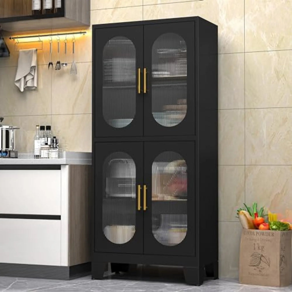 61" Black Pantry Storage Cabinet, Kitchen Pantry Cabinet with Acrylic Glass Doors and Shelves, with Adjustable Leveling