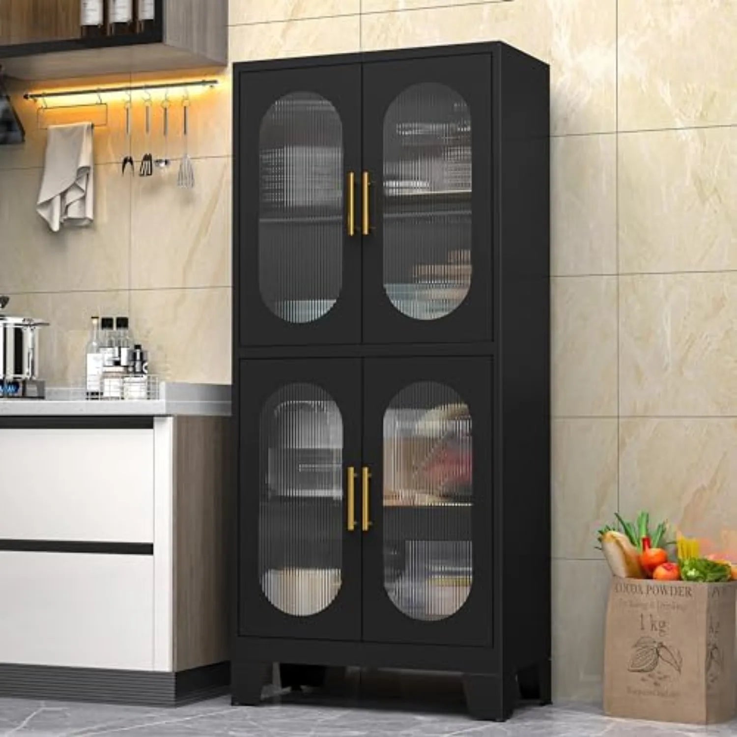 61" Black Pantry Storage Cabinet, Kitchen Pantry Cabinet with Acrylic Glass Doors and Shelves, with Adjustable Leveling