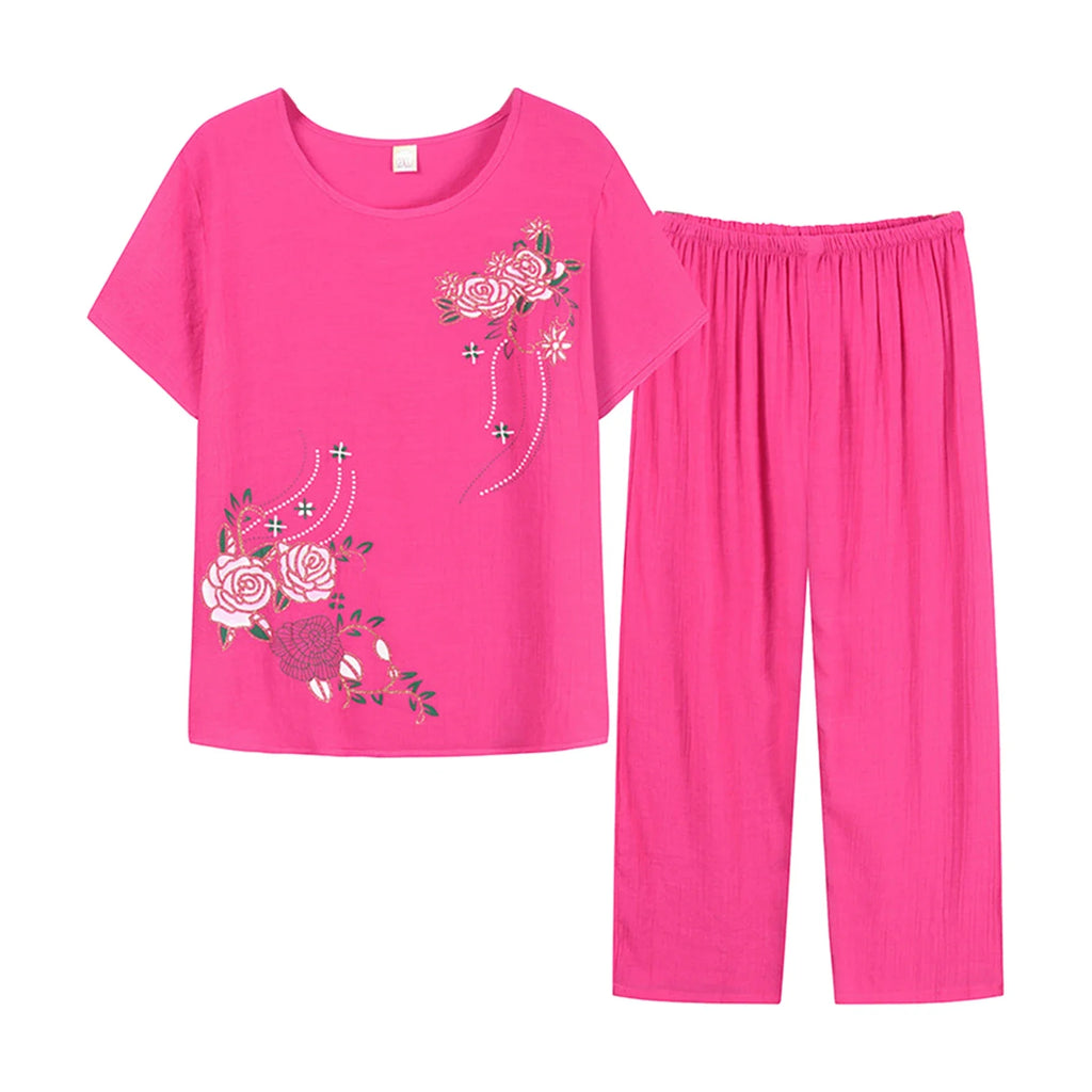 Middle-aged elderly women's short-sleeved t-shirt mother suit loose large size cotton linen two-piece suit 2025 new women set