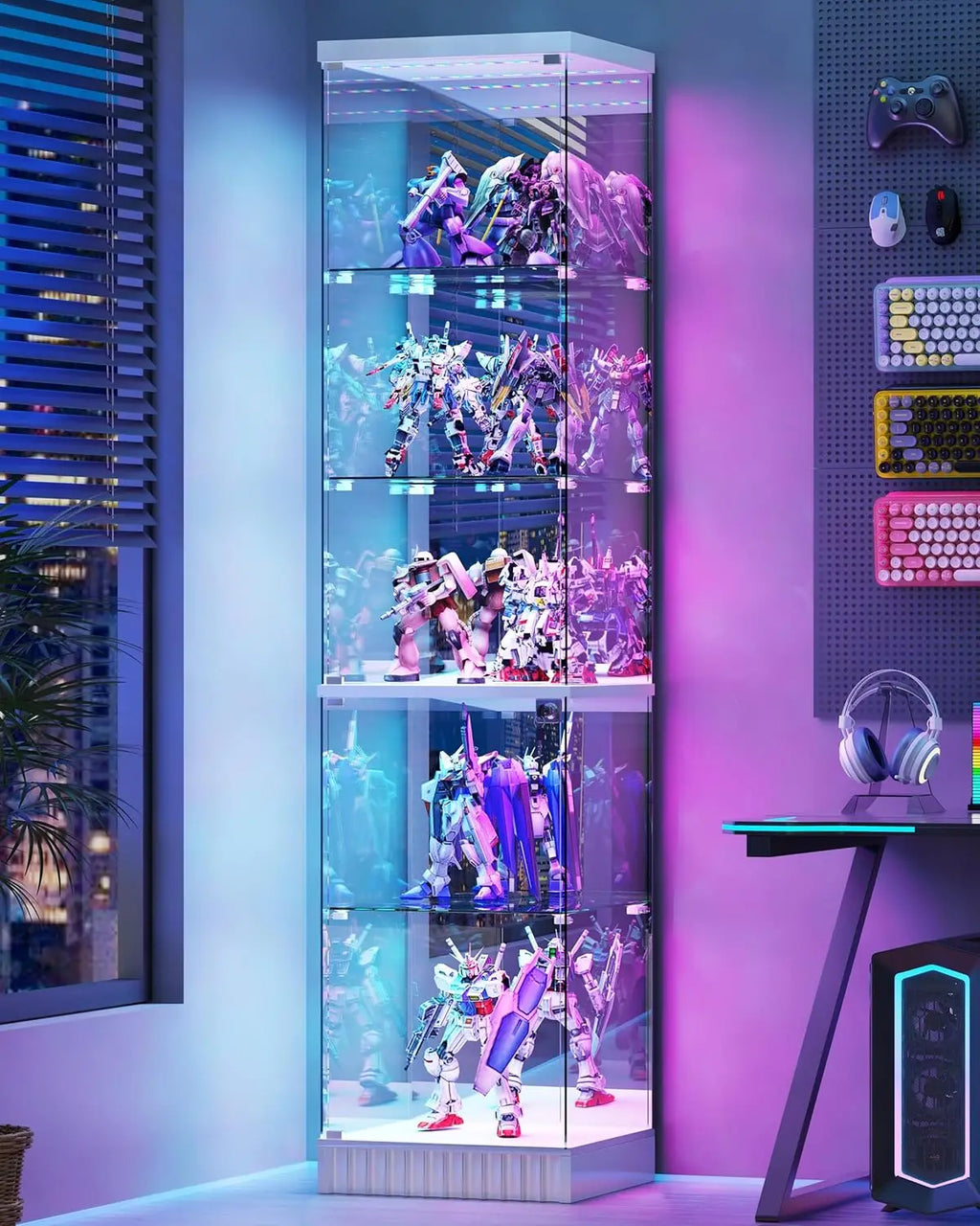 67''H Corner Curio Cabinet - with Glass Door, Lockable Glass Display Cabinet with RGB Motion Sensor Light, 5-Tier, Customized