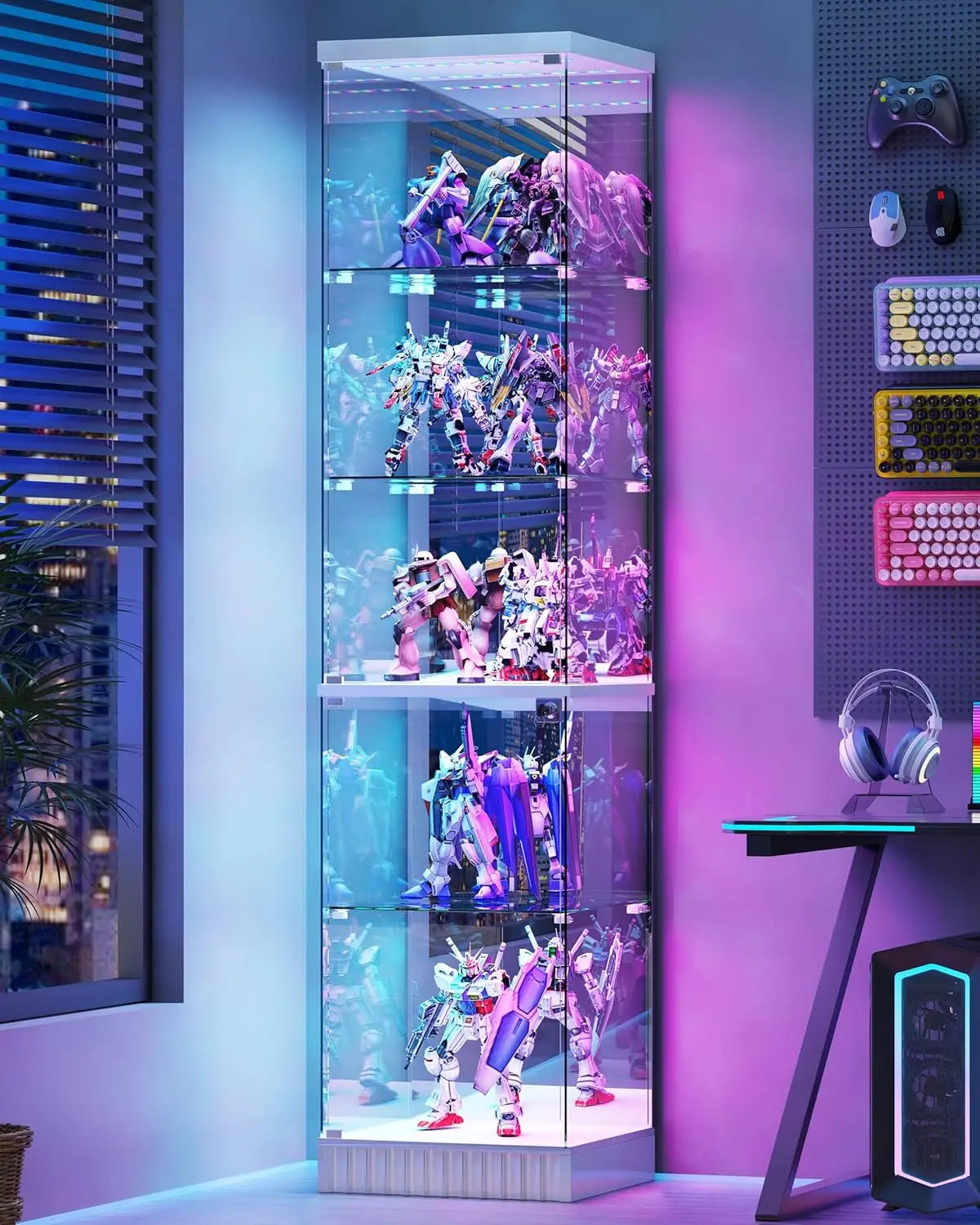 67''H Corner Curio Cabinet - with Glass Door, Lockable Glass Display Cabinet with RGB Motion Sensor Light, 5-Tier, Customized