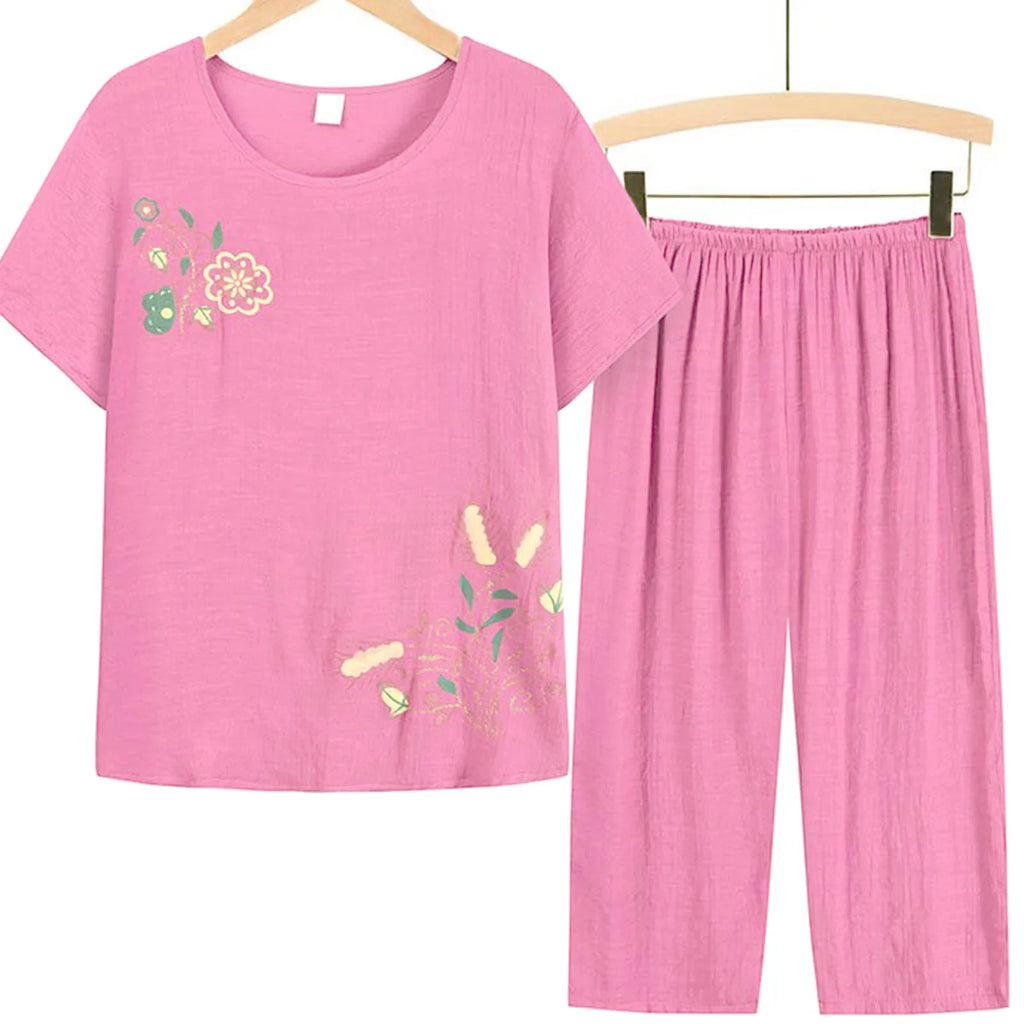 Middle-aged elderly women's short-sleeved t-shirt mother suit loose large size cotton linen two-piece suit 2025 new women set