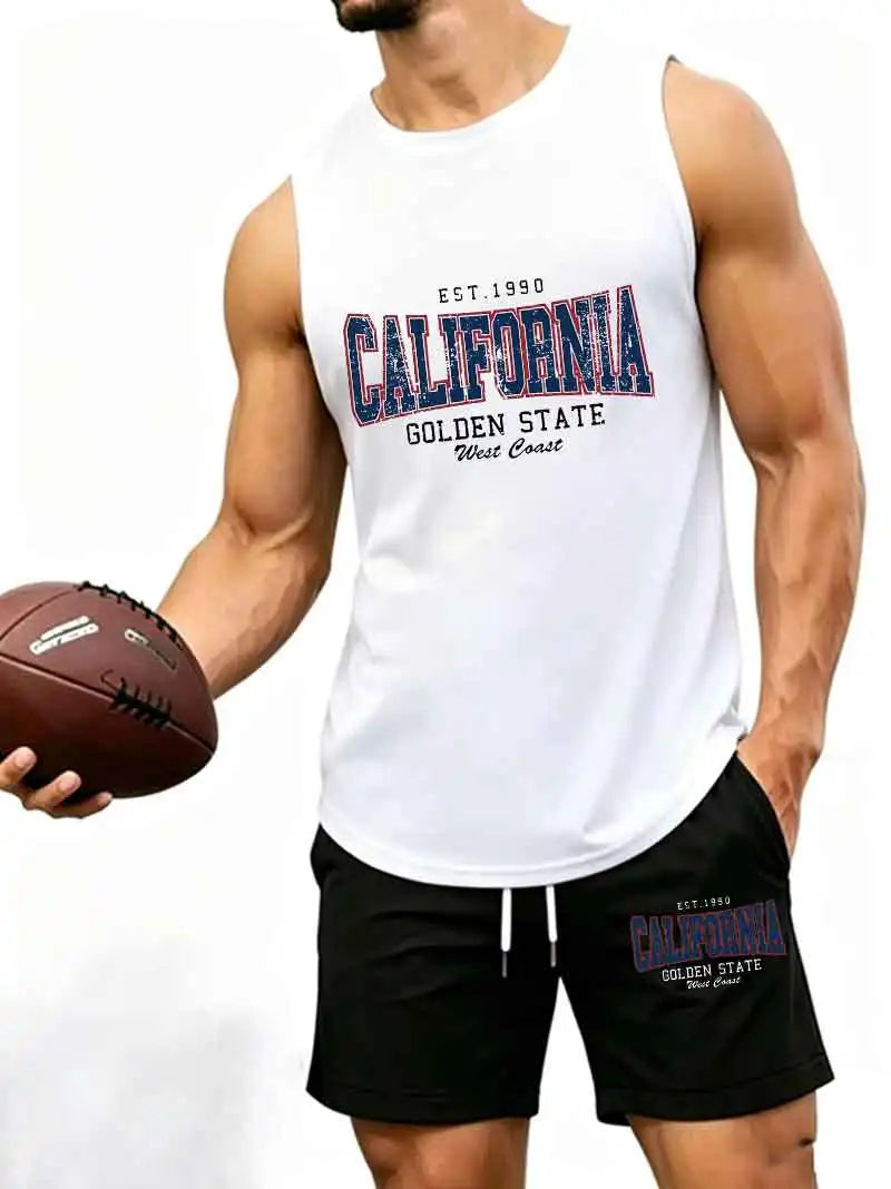 Men's "California Golden State EST.1990" Print 2-Piece Sleeveless Tank Top & Shorts Set, Casual West Coast Style Athletic Tracks