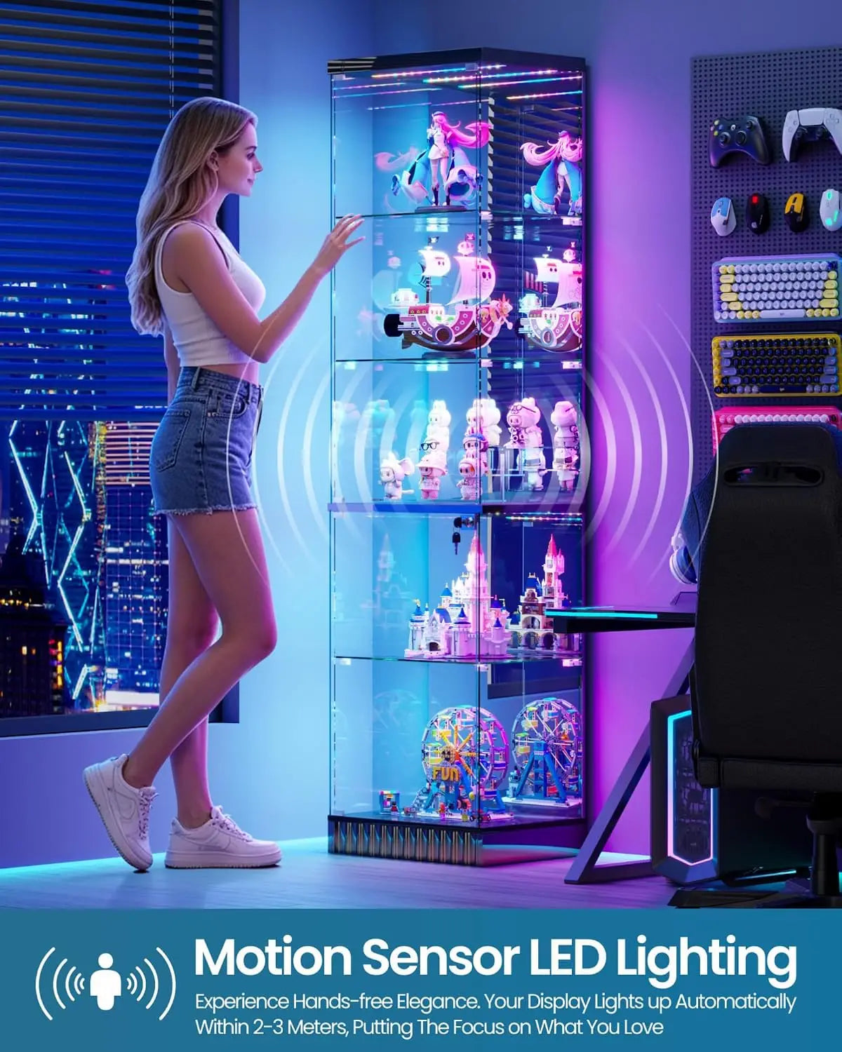 67''H Corner Curio Cabinet - with Glass Door, Lockable Glass Display Cabinet with RGB Motion Sensor Light, 5-Tier, Customized