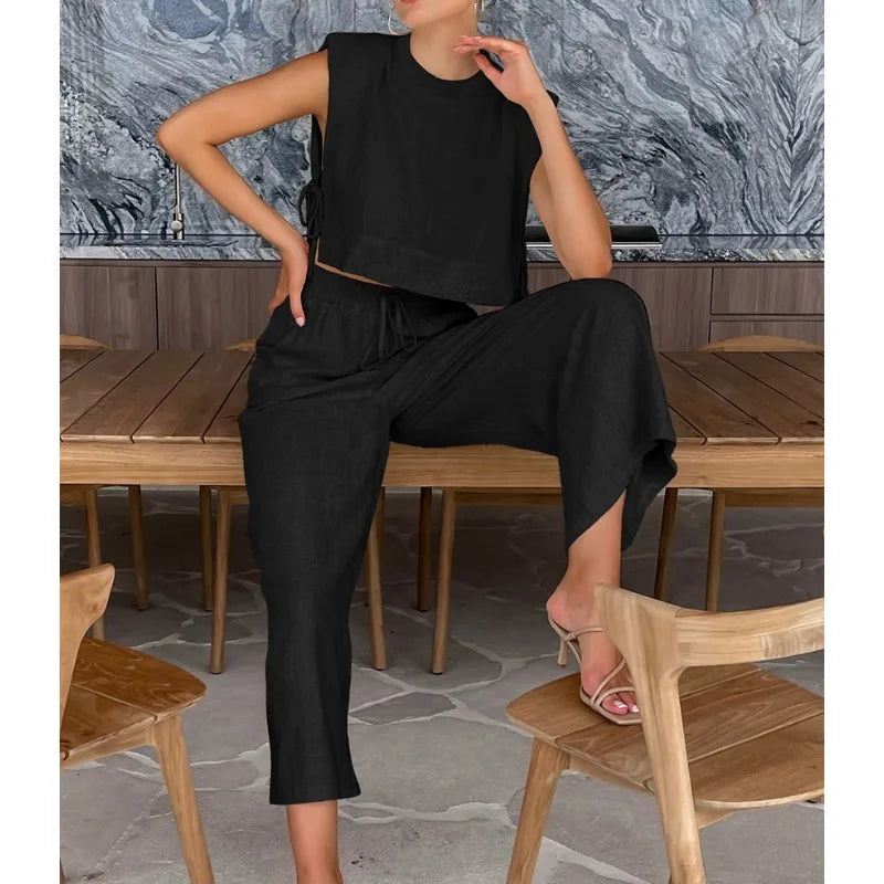 Fashion Cotton and Linen Suit Women's Clothing 2026 Spring and Summer New Shoulder Pads Sleeveless Top Trousers Two-piece Set