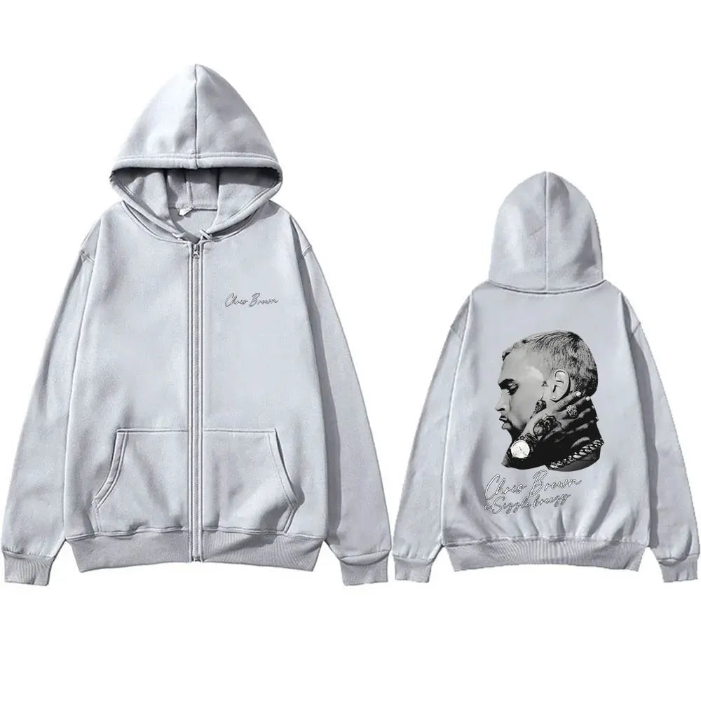 Rapper Chris Brown Hip Hop Fashion Zipper Hoodie Breezy Bowl XX Tour 2025 Zip Up Jacket Men Casual Retro Loose Zip Up Sweatshirt