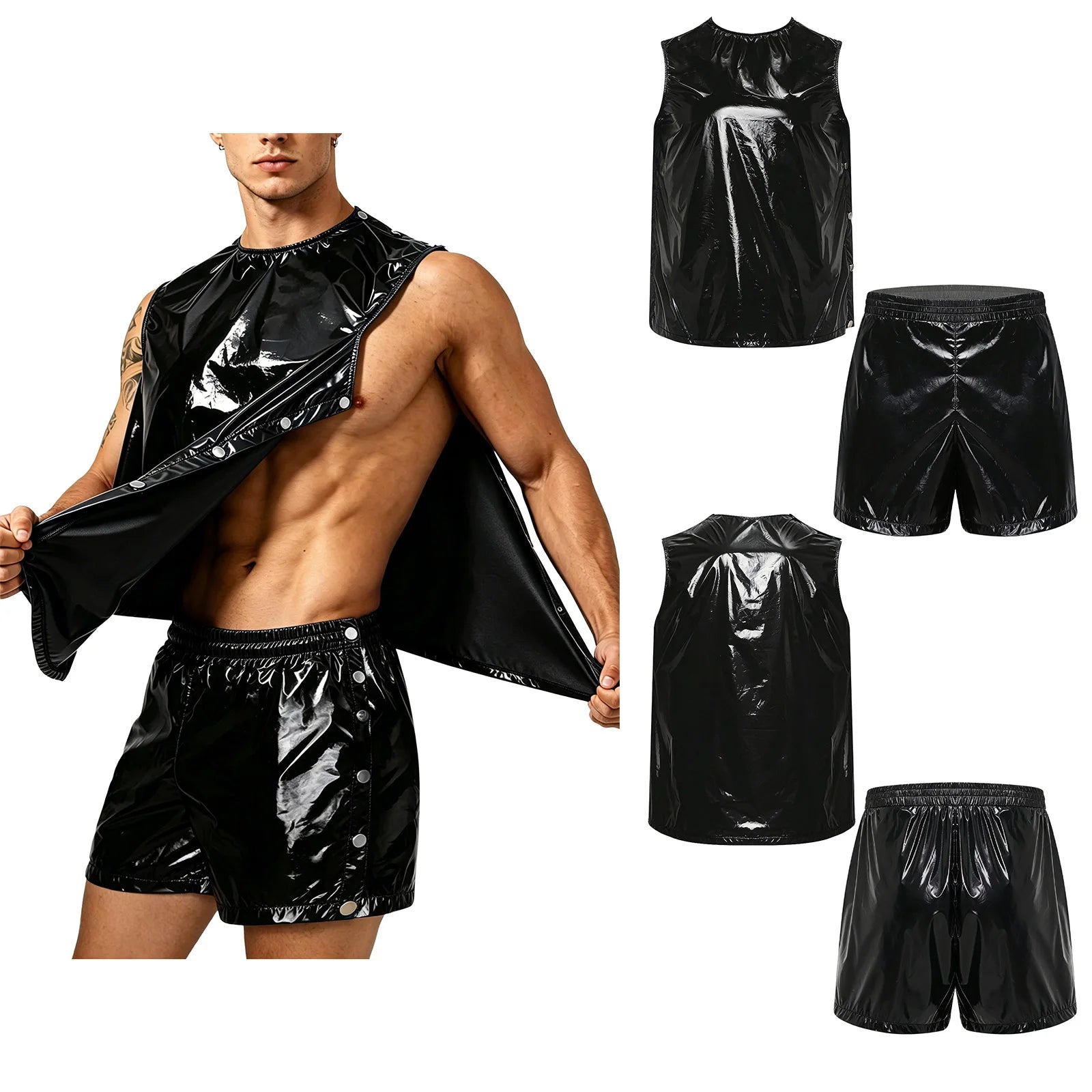 Men Waterproof Sweat 2 Piece Set Tank Top and Side Button Boxer Shorts Adaptive Clothing Quick Dry Breathable for Special Needs