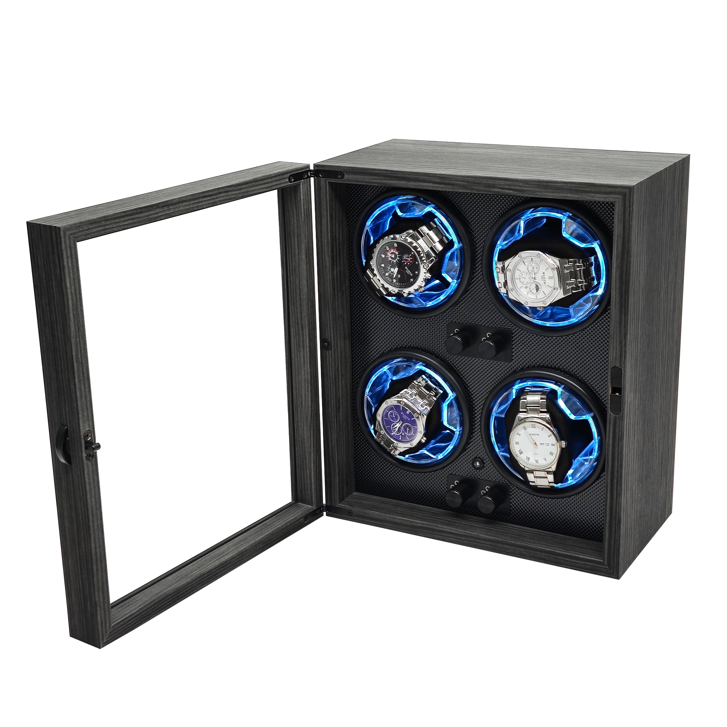 Watch Display Luxury Black Walnut Grain 2 4 Slot Rotating Stop Open Function Watch Winder Storage Box With Active Muting