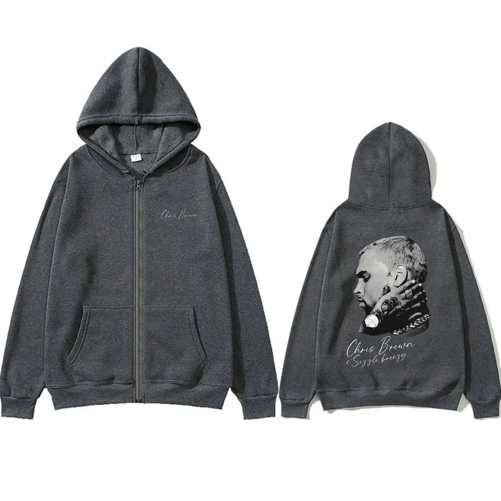 Rapper Chris Brown Hip Hop Fashion Zipper Hoodie Breezy Bowl XX Tour 2025 Zip Up Jacket Men Casual Retro Loose Zip Up Sweatshirt
