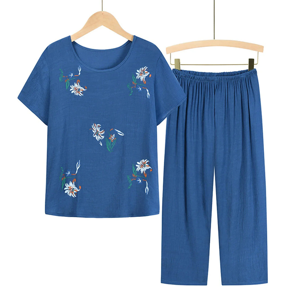 Middle-aged elderly women's short-sleeved t-shirt mother suit loose large size cotton linen two-piece suit 2025 new women set