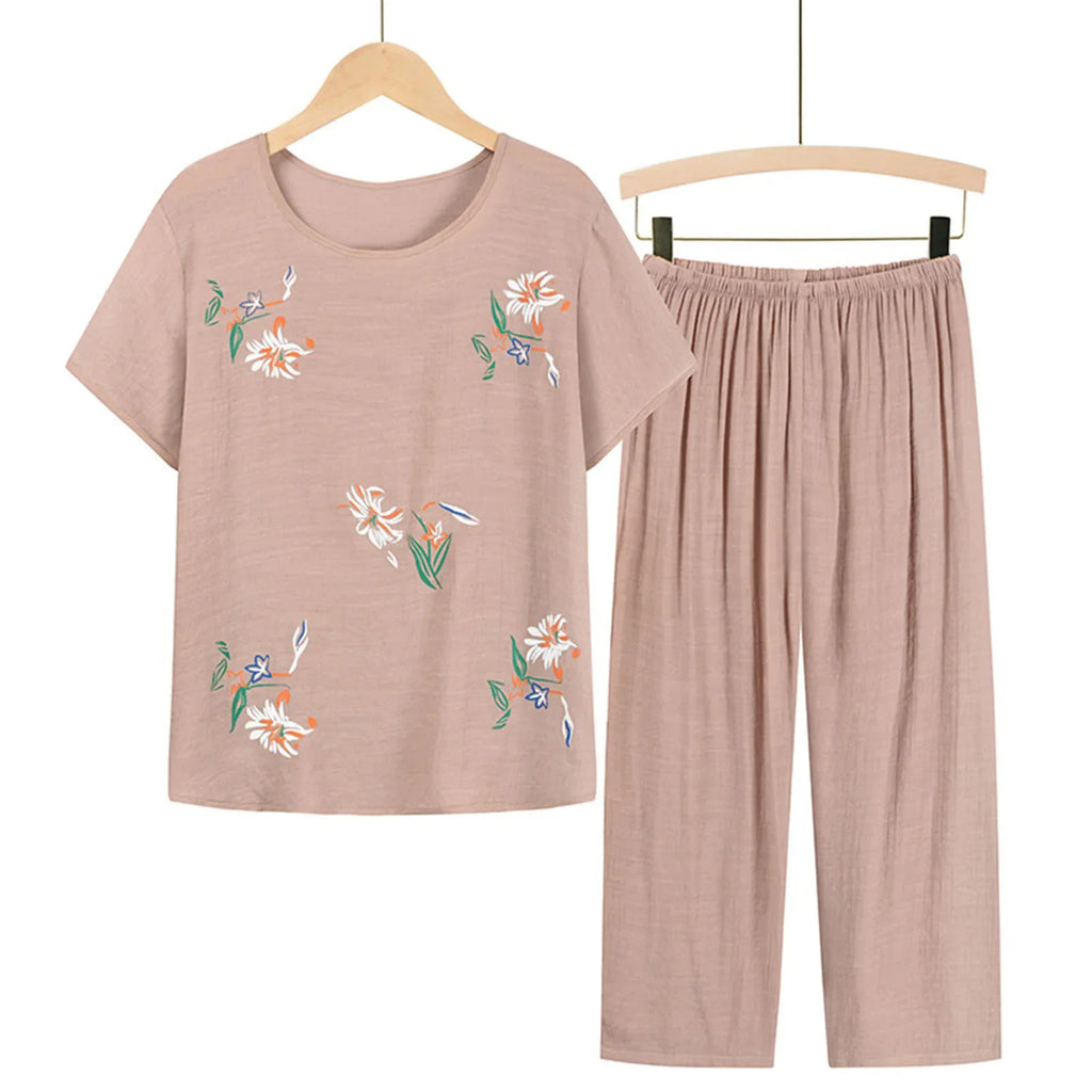 Middle-aged elderly women's short-sleeved t-shirt mother suit loose large size cotton linen two-piece suit 2025 new women set