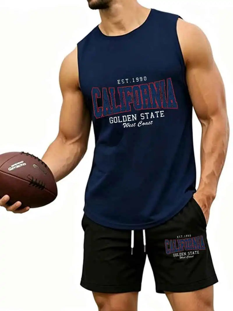 Men's "California Golden State EST.1990" Print 2-Piece Sleeveless Tank Top & Shorts Set, Casual West Coast Style Athletic Tracks