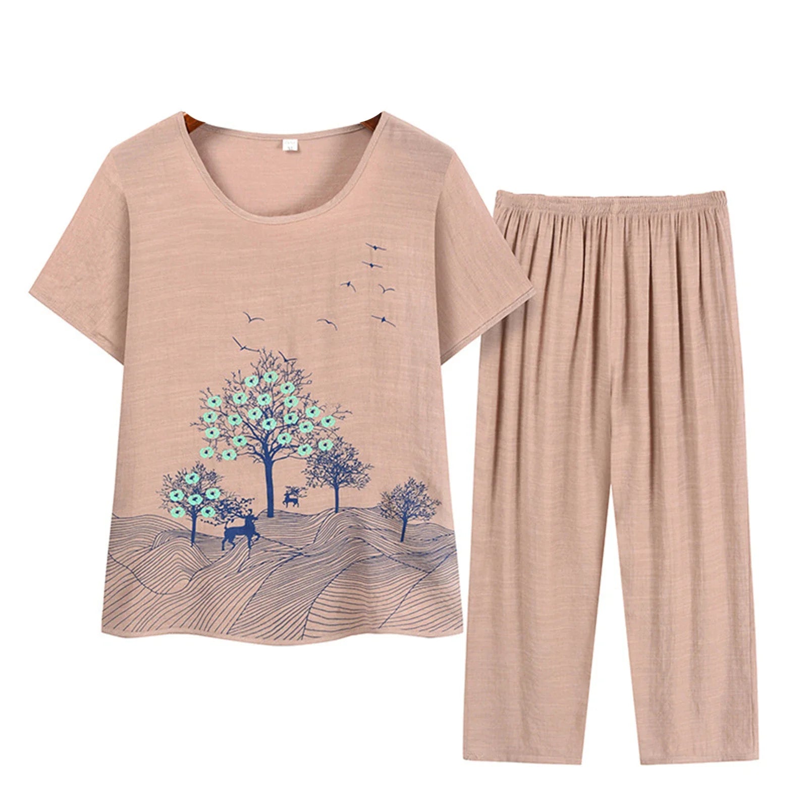 Middle-aged elderly women's short-sleeved t-shirt mother suit loose large size cotton linen two-piece suit 2025 new women set