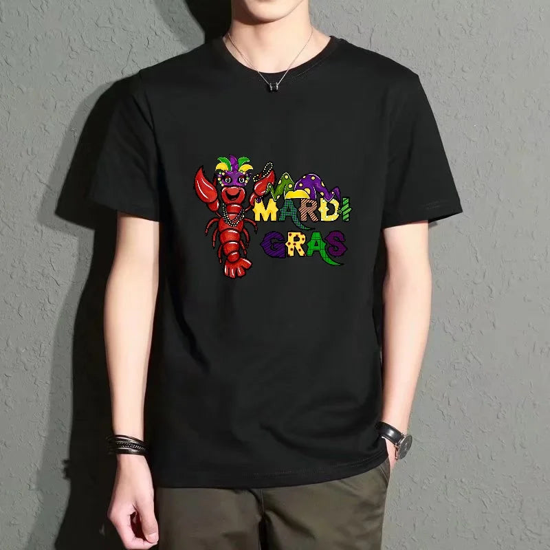 Men's Black Round-Neck Short-Sleeved T-Shirt, Carnival-Themed Printed Top, Casual Loose Fit, Trendy Item for Everyday Wear, Breathable and Comfortable, Polyester Fabric