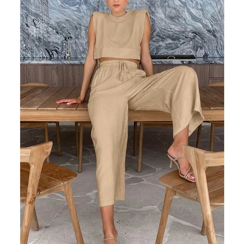 Fashion Cotton and Linen Suit Women's Clothing 2026 Spring and Summer New Shoulder Pads Sleeveless Top Trousers Two-piece Set