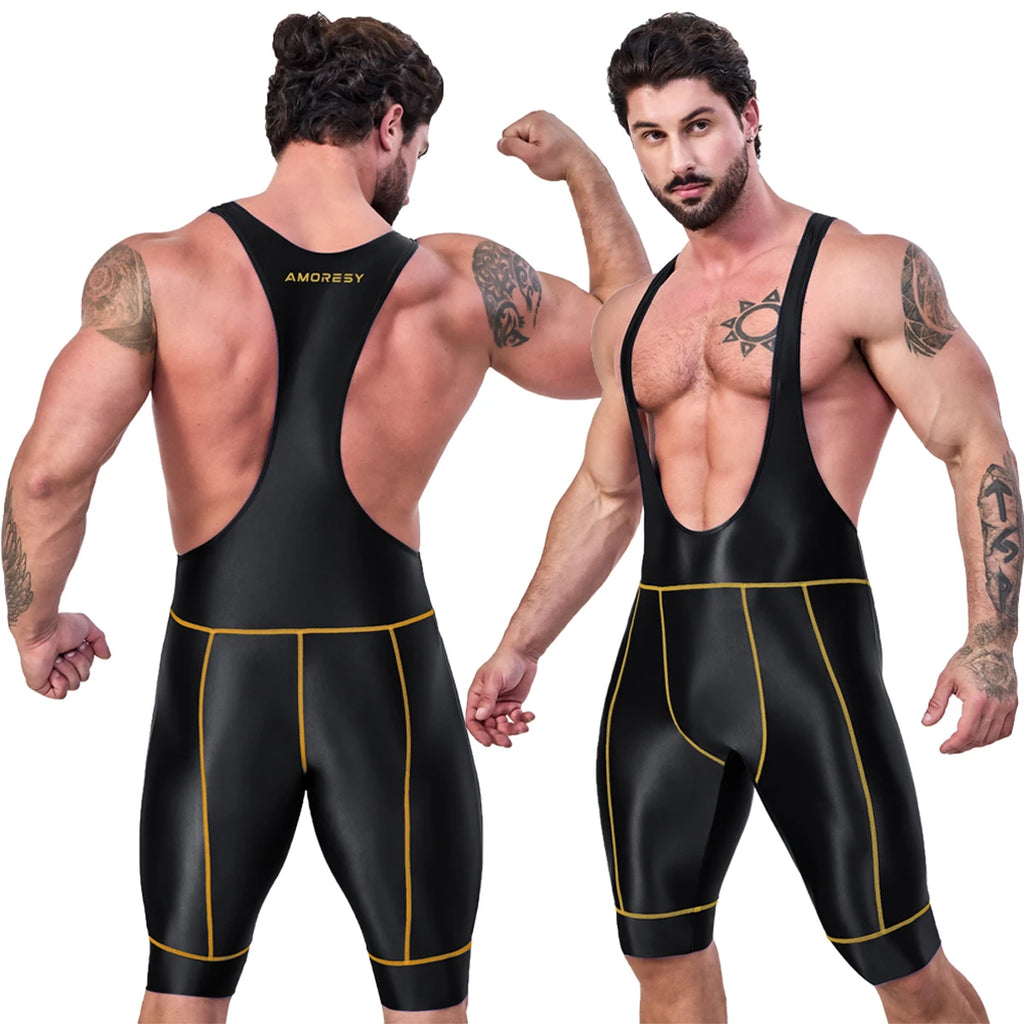 AMORESY Octavian Men Glossy Elastic Spandex Cycling Fitness Gymnastic Fitness Tracksuits Jumpsuits Activewear Bodysuits Swimwear