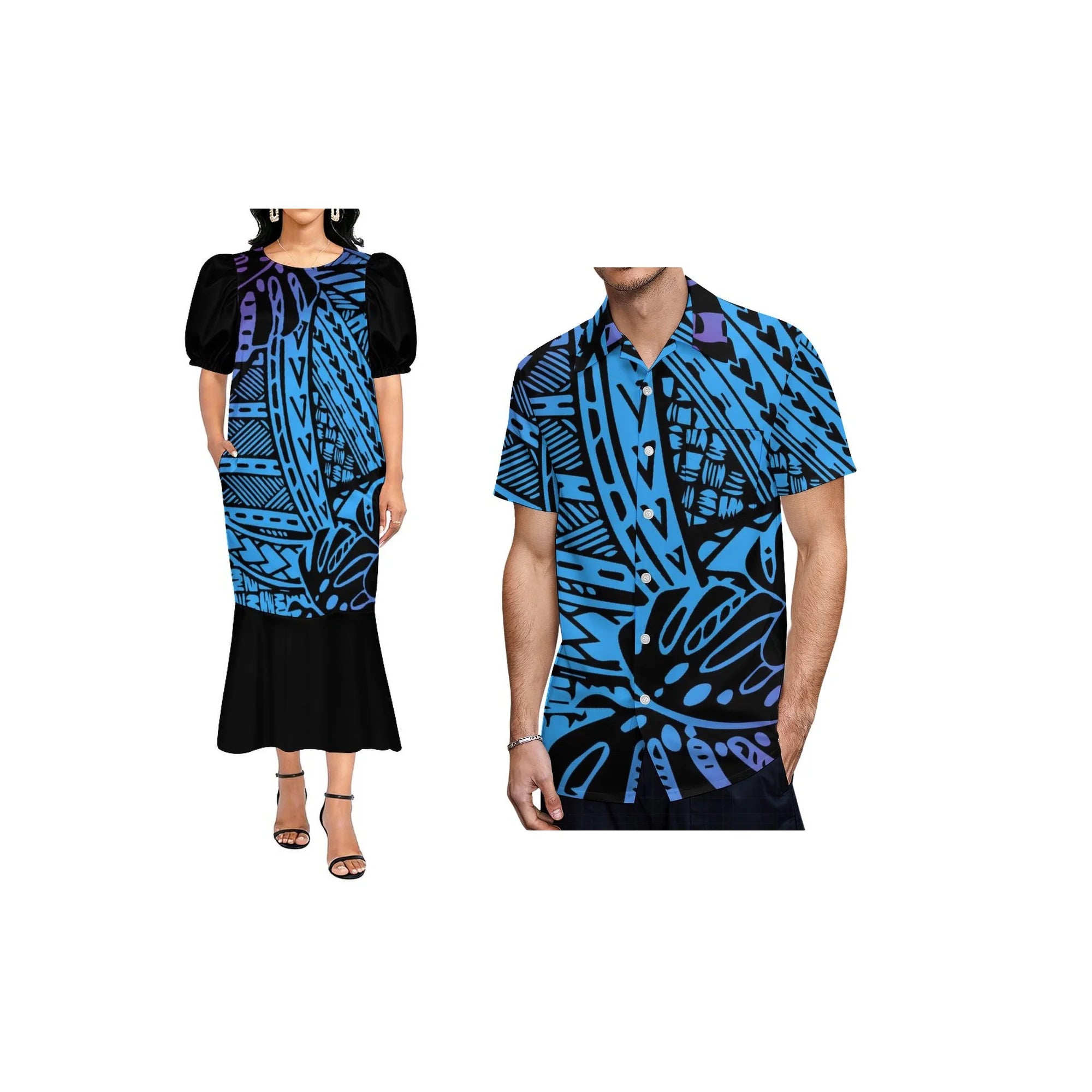 Custom Pacific Isalnd Design Couple Clothing Micronesia Muumuu Dress Women Fishtail Mumu Dress and Hard Collar Men Casual Shirt