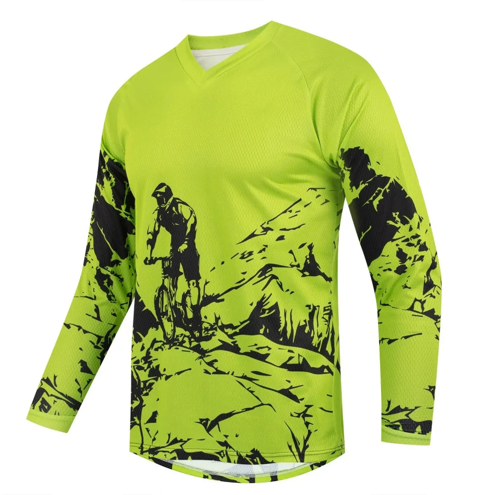Men's Outdoor Mountain Bike Print Long-Sleeve Sports T-Shirt Breathable V-Neck for Cycling Fitness Daily Wear
