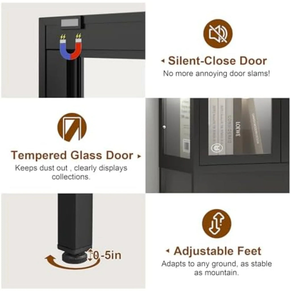 Display Cabinet with Glass Doors, Glass Display Cabinet with 8 Color LED Lights, Curio Display Cabinet with 3 Shelves