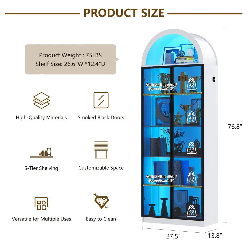 Arched Display Cabinet with Doors, 76 Tall Curio Cabinet with Adjustable Shelves 3 Colors LED Lights, 6 Tier Display Case for C