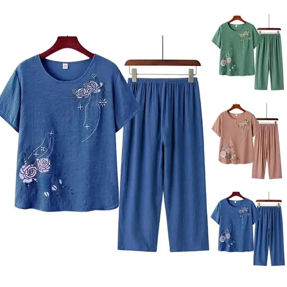 Middle-aged elderly women's short-sleeved t-shirt mother suit loose large size cotton linen two-piece suit 2025 new women set