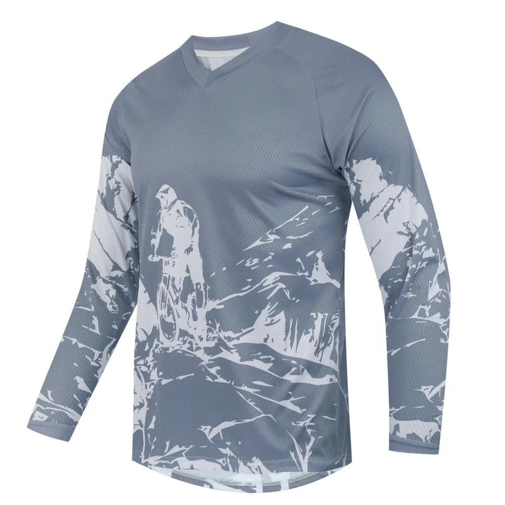 Men's Outdoor Mountain Bike Print Long-Sleeve Sports T-Shirt Breathable V-Neck for Cycling Fitness Daily Wear