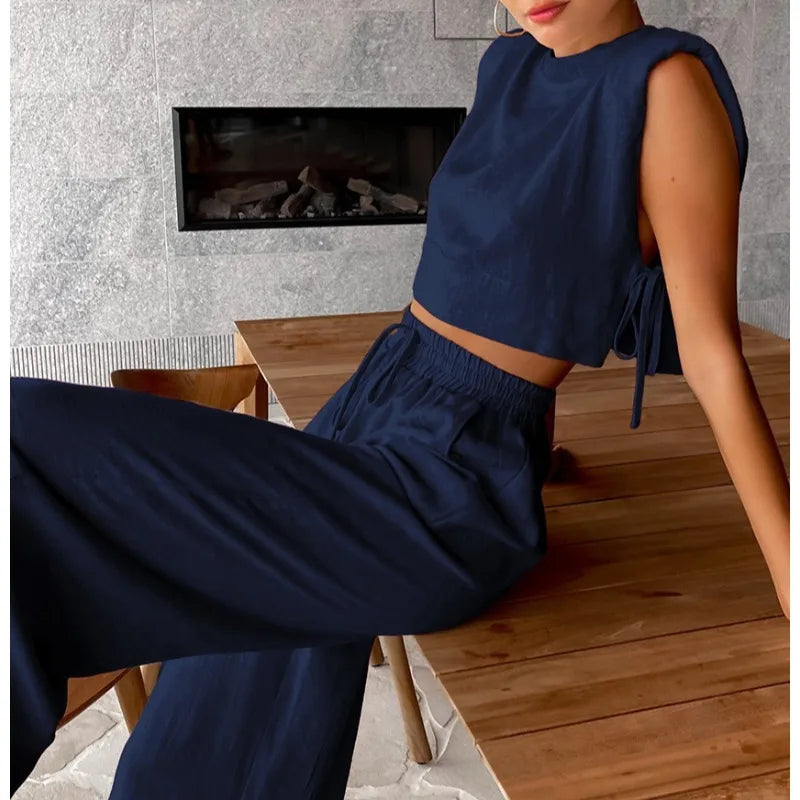 Fashion Cotton and Linen Suit Women's Clothing 2026 Spring and Summer New Shoulder Pads Sleeveless Top Trousers Two-piece Set