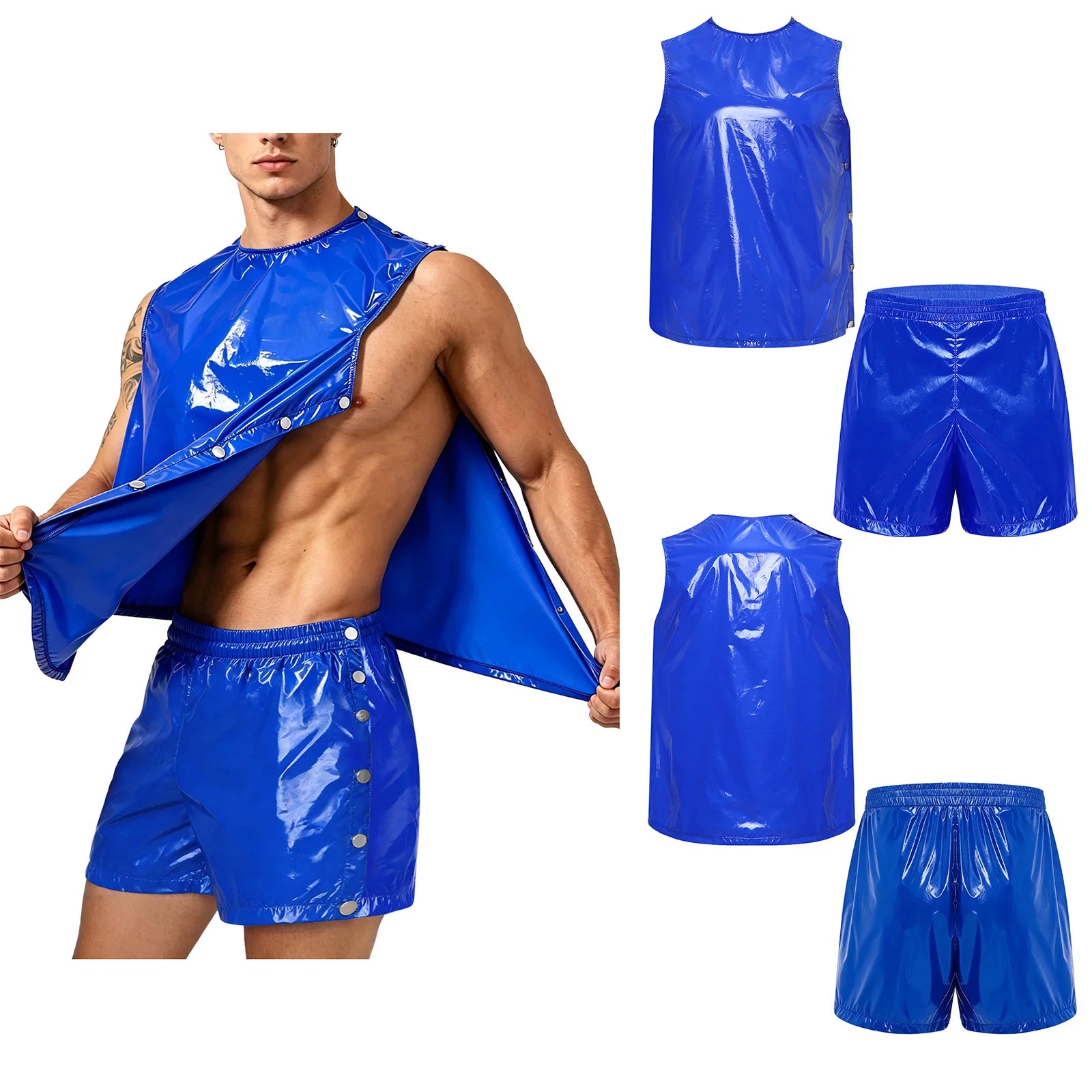 Men Waterproof Sweat 2 Piece Set Tank Top and Side Button Boxer Shorts Adaptive Clothing Quick Dry Breathable for Special Needs