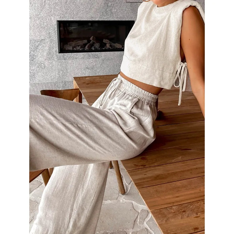 Fashion Cotton and Linen Suit Women's Clothing 2026 Spring and Summer New Shoulder Pads Sleeveless Top Trousers Two-piece Set