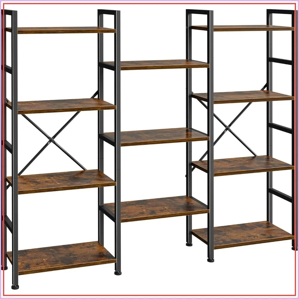 Triple Bookshelf with 11 Open Shelves, 4-Tier Wide Bookcase for Home & Office, Brown