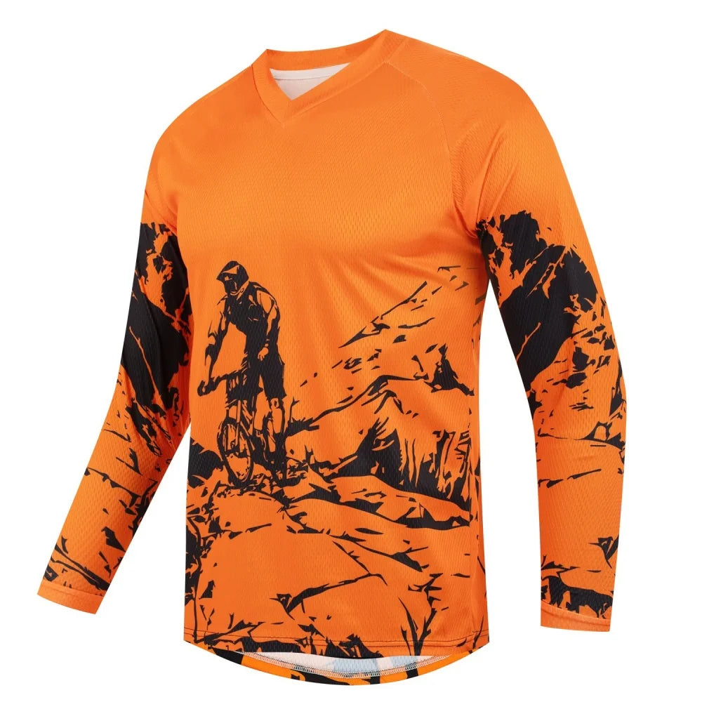 Men's Outdoor Mountain Bike Print Long-Sleeve Sports T-Shirt Breathable V-Neck for Cycling Fitness Daily Wear