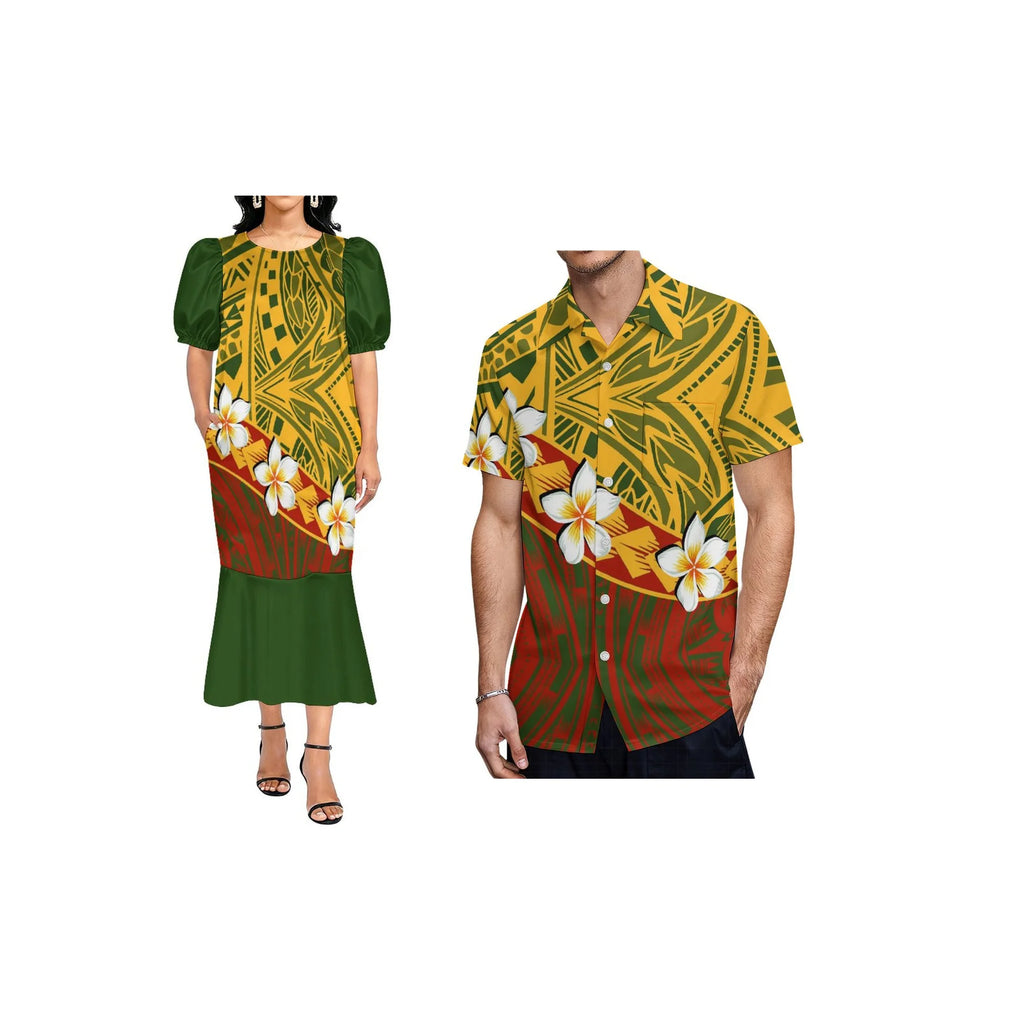 Custom Pacific Isalnd Design Couple Clothing Micronesia Muumuu Dress Women Fishtail Mumu Dress and Hard Collar Men Casual Shirt