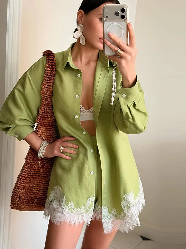 Chic Women Office Shirt Set Casual Lace Patchwork Single Breasted Long Sleeve Lapel Female Blouse Short Pant Summer Streetwear