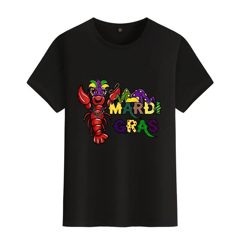 Men's Black Round-Neck Short-Sleeved T-Shirt, Carnival-Themed Printed Top, Casual Loose Fit, Trendy Item for Everyday Wear, Breathable and Comfortable, Polyester Fabric