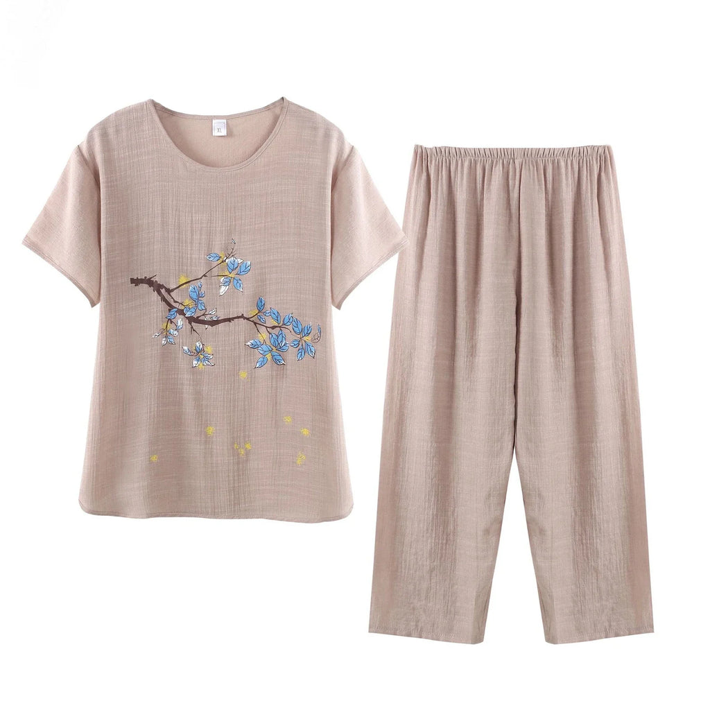 Middle-aged elderly women's short-sleeved t-shirt mother suit loose large size cotton linen two-piece suit 2025 new women set