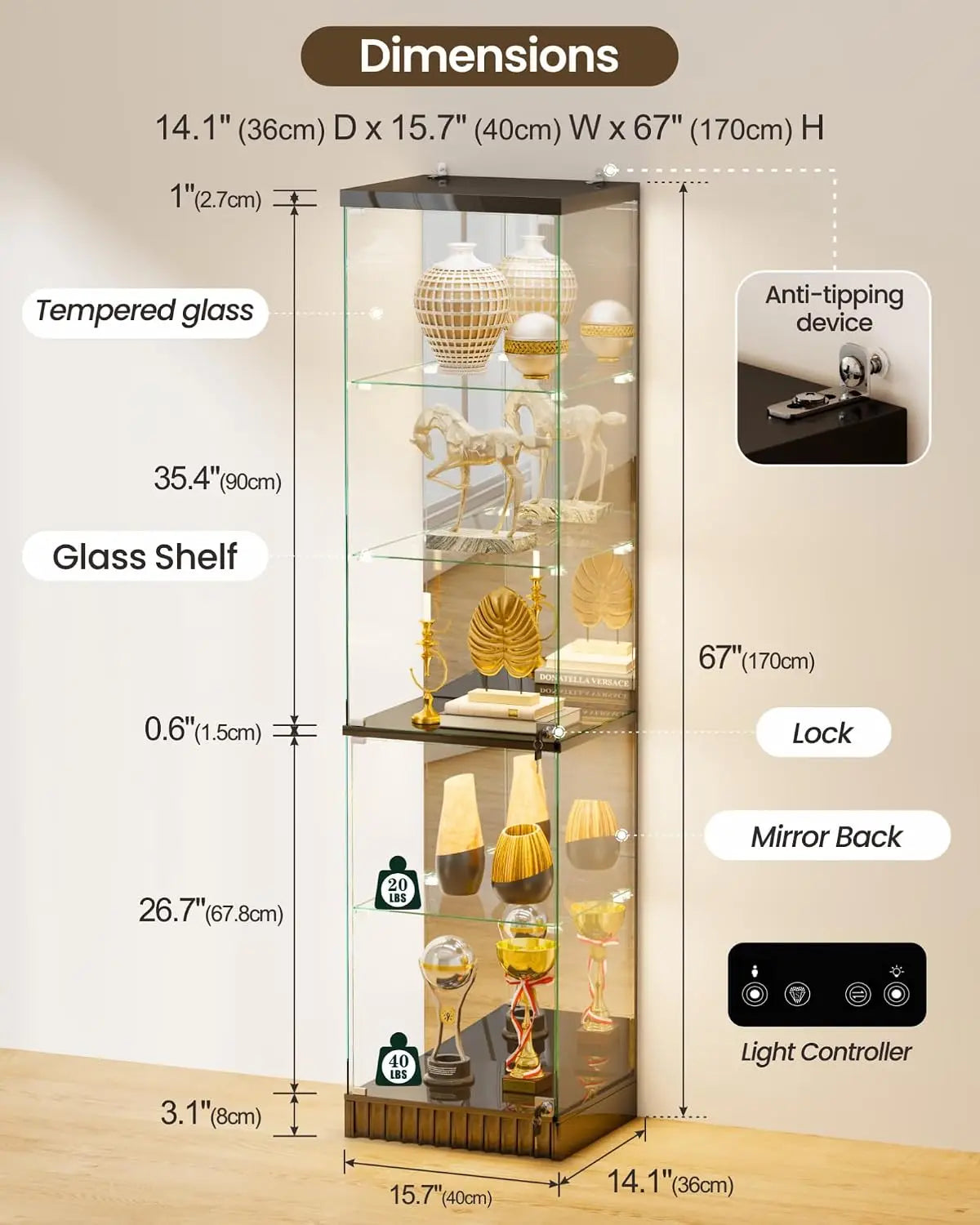 67''H Corner Curio Cabinet - with Glass Door, Lockable Glass Display Cabinet with RGB Motion Sensor Light, 5-Tier, Customized