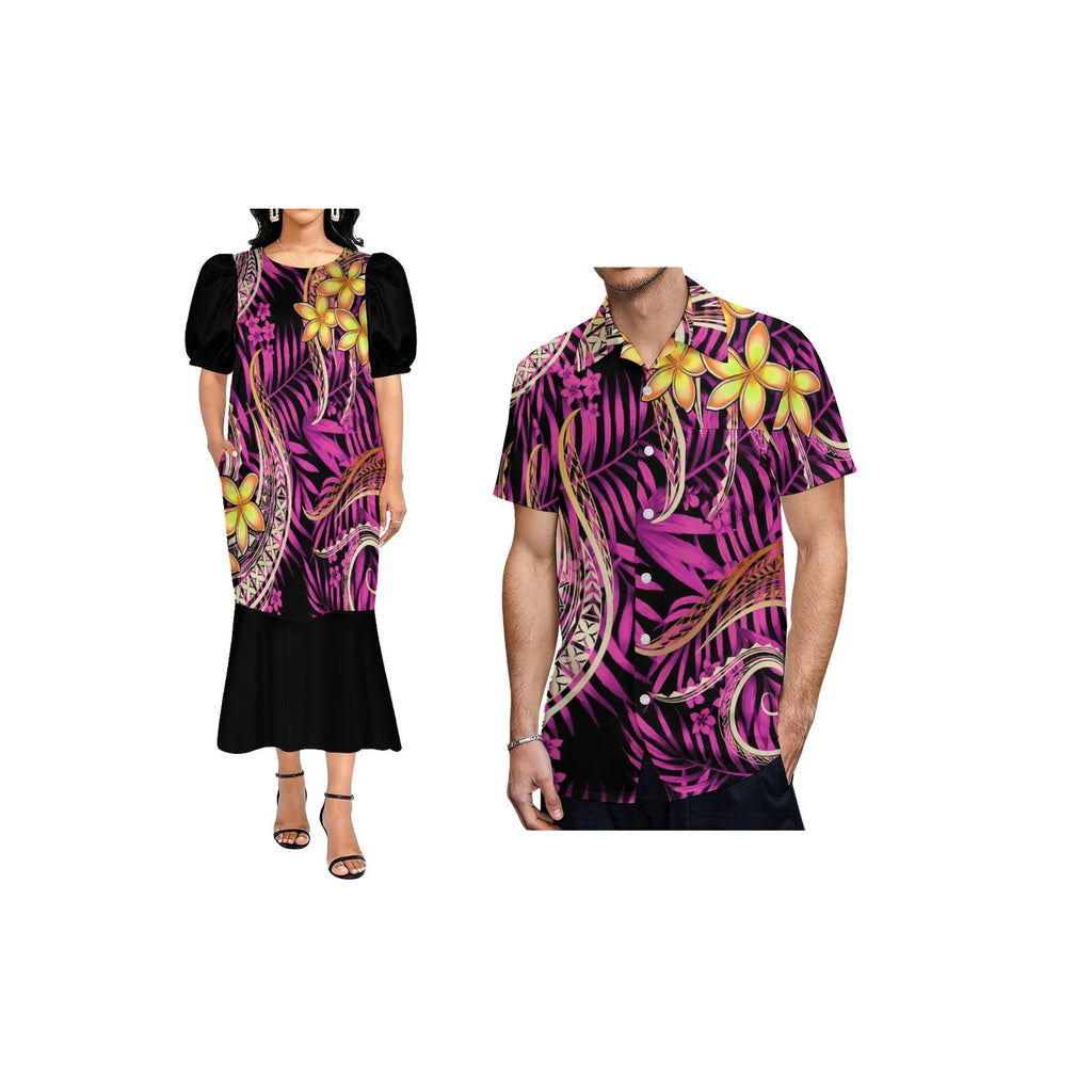 Custom Pacific Isalnd Design Couple Clothing Micronesia Muumuu Dress Women Fishtail Mumu Dress and Hard Collar Men Casual Shirt