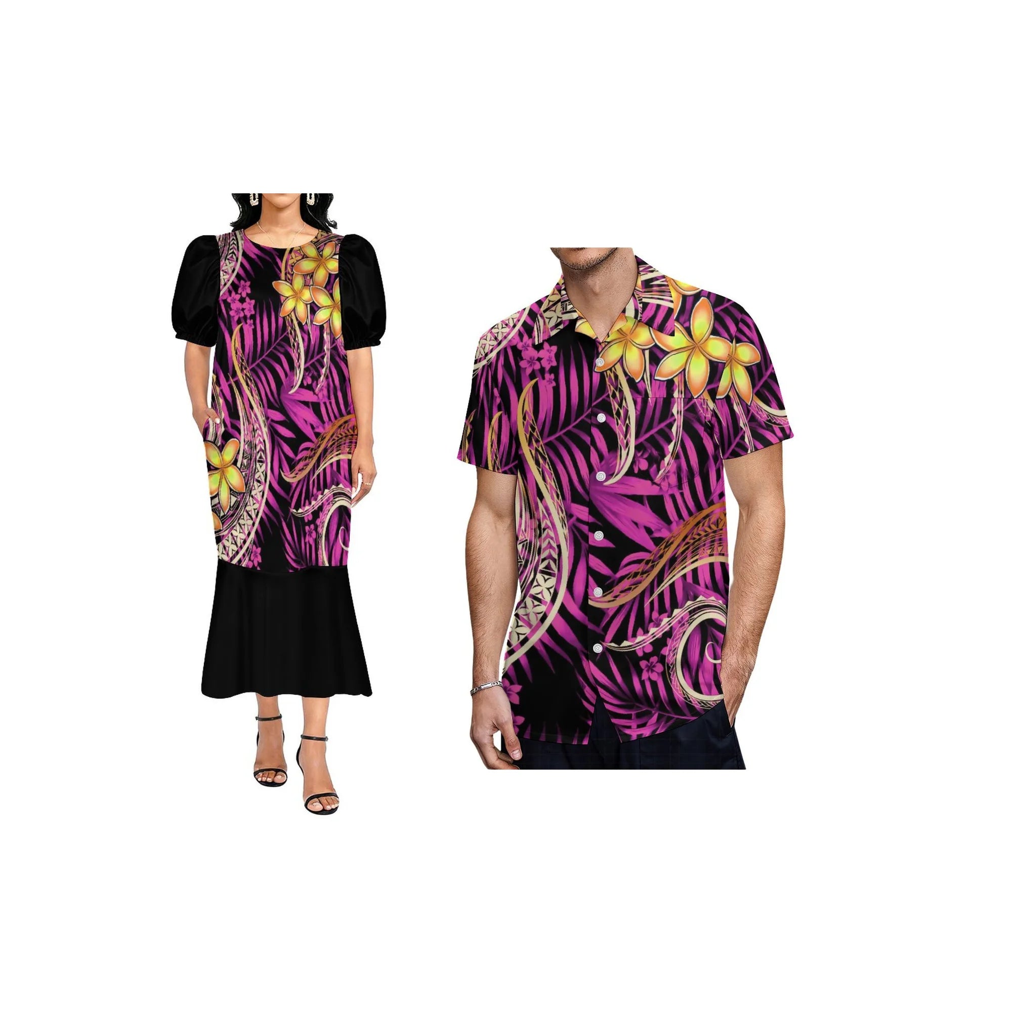 Custom Pacific Isalnd Design Couple Clothing Micronesia Muumuu Dress Women Fishtail Mumu Dress and Hard Collar Men Casual Shirt