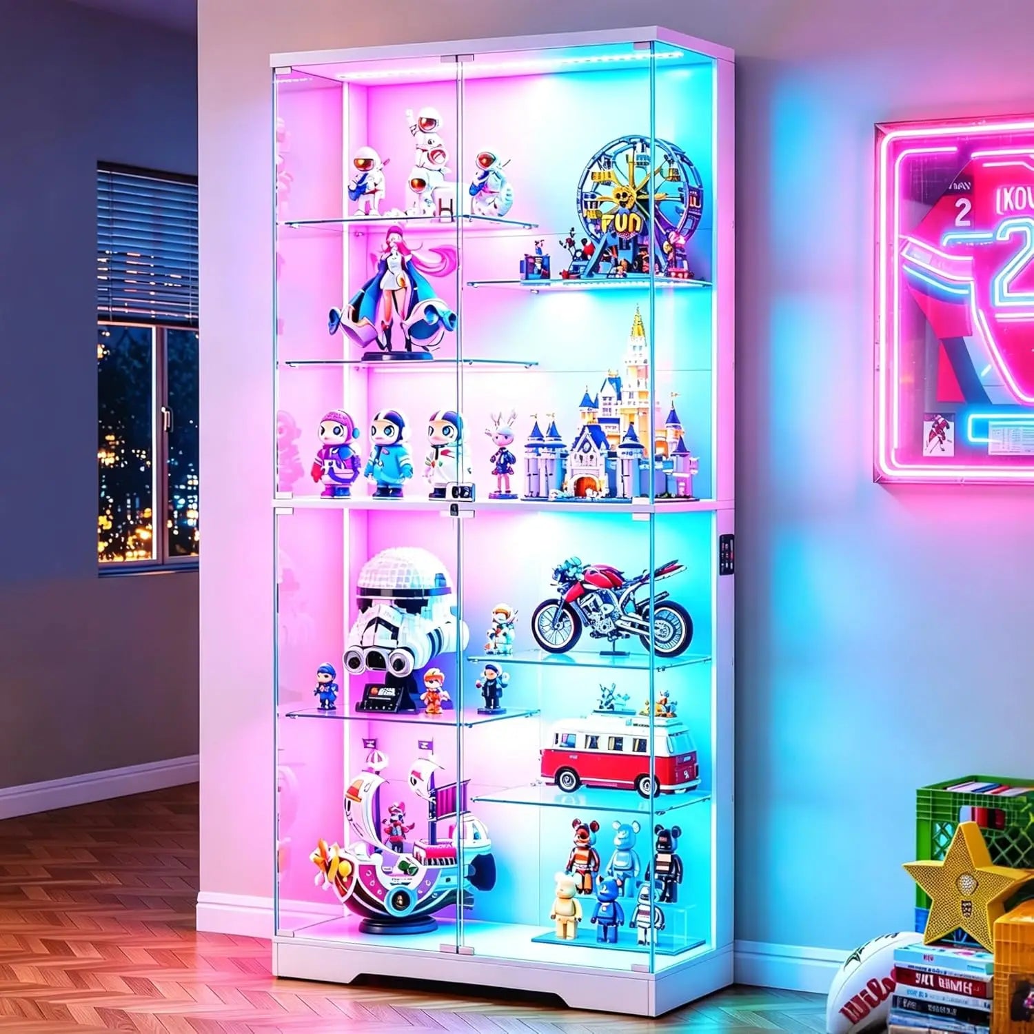67''H Corner Curio Cabinet - with Glass Door, Lockable Glass Display Cabinet with RGB Motion Sensor Light, 5-Tier, Customized