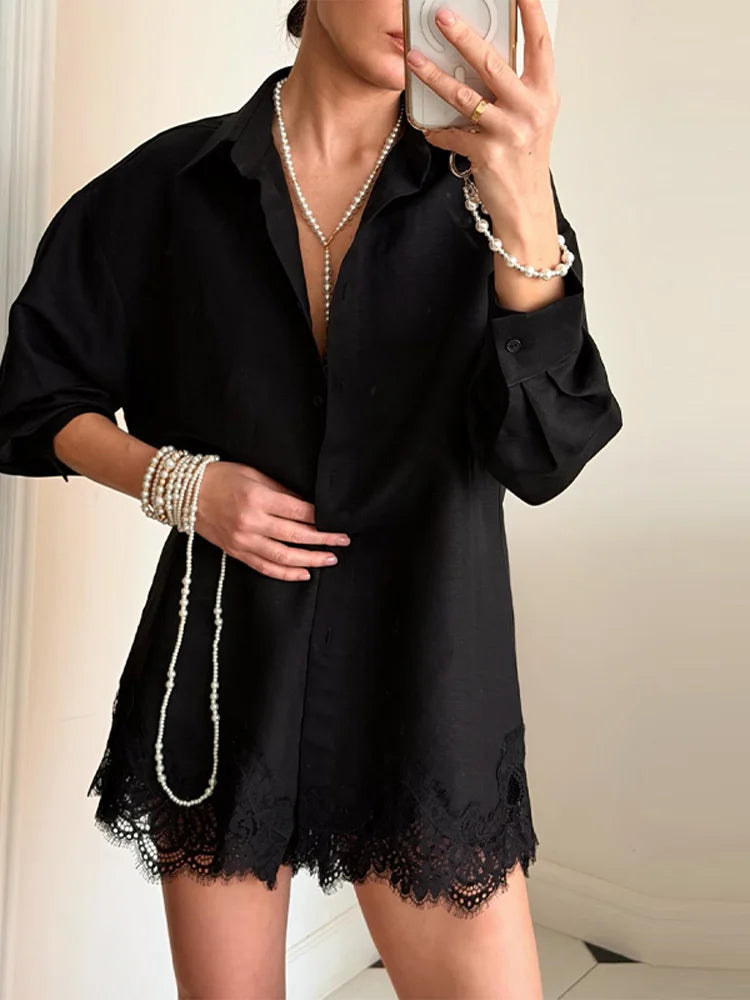 Chic Women Office Shirt Set Casual Lace Patchwork Single Breasted Long Sleeve Lapel Female Blouse Short Pant Summer Streetwear