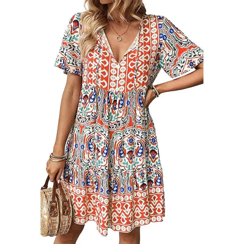 2026 Women's Clothing Floral Short Sleeve Loose Sexy Spring Summer Bohemian Casual Dress