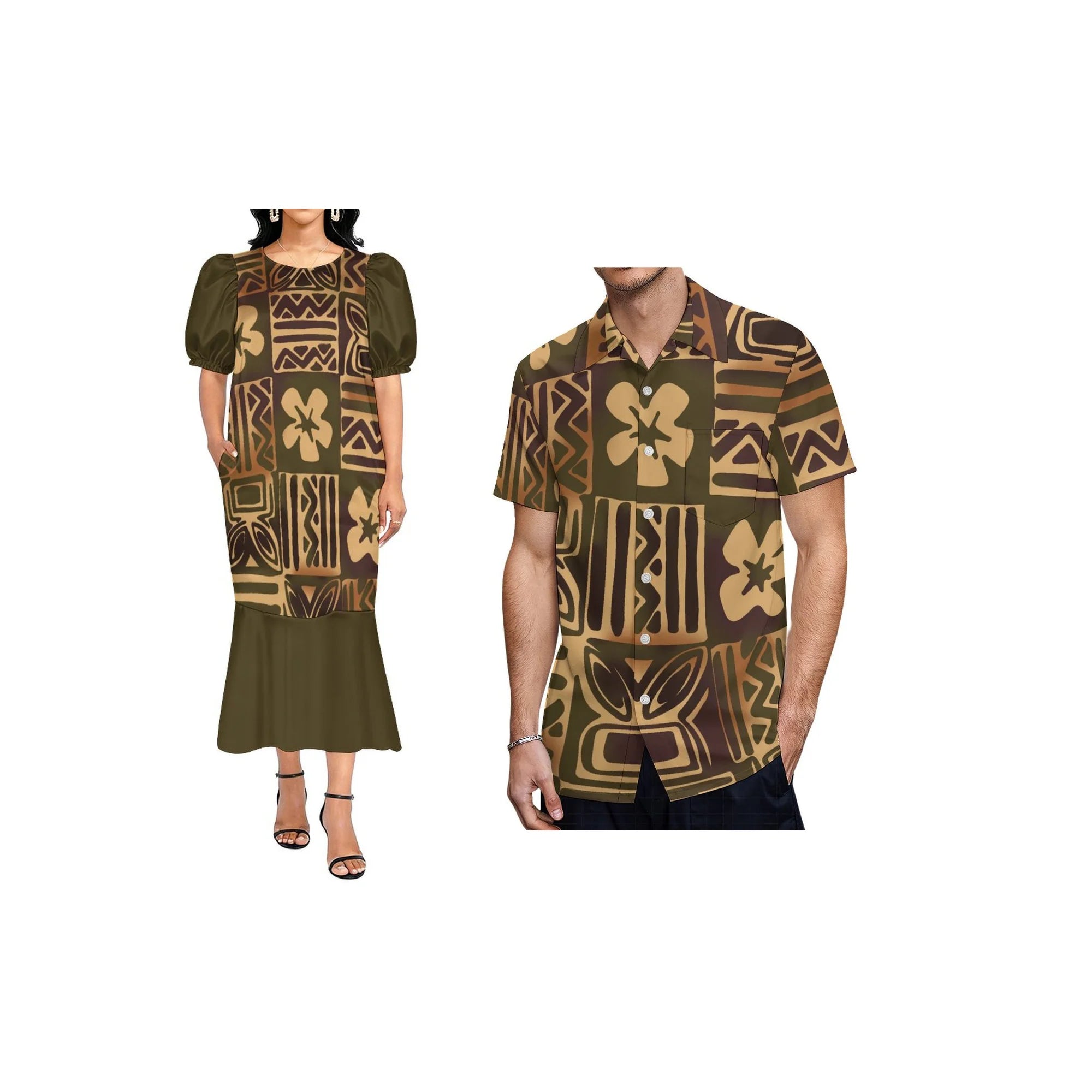 Custom Pacific Isalnd Design Couple Clothing Micronesia Muumuu Dress Women Fishtail Mumu Dress and Hard Collar Men Casual Shirt