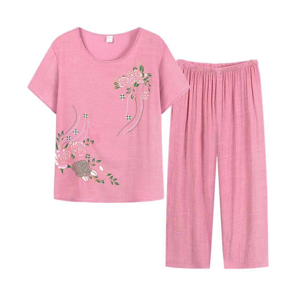 Middle-aged elderly women's short-sleeved t-shirt mother suit loose large size cotton linen two-piece suit 2025 new women set