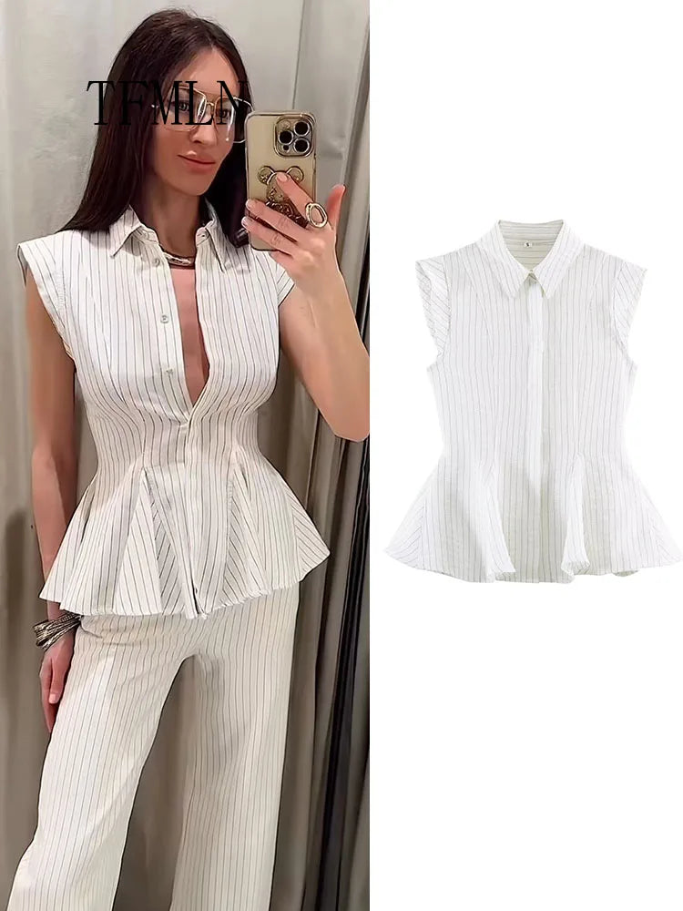 Fashion Striped Blouse Top For Women Summer Summer OL Lapel Sleeveless Single Breasted Shirt Summer Unique Elegant Causal Shirt