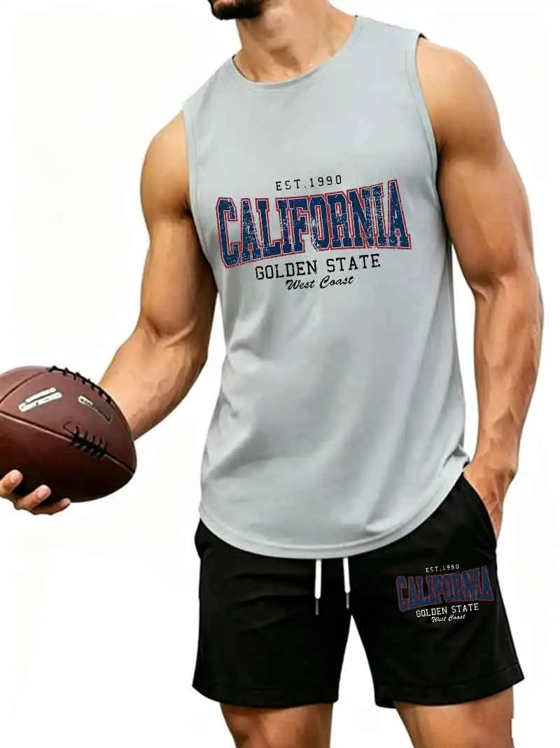 Men's "California Golden State EST.1990" Print 2-Piece Sleeveless Tank Top & Shorts Set, Casual West Coast Style Athletic Tracks