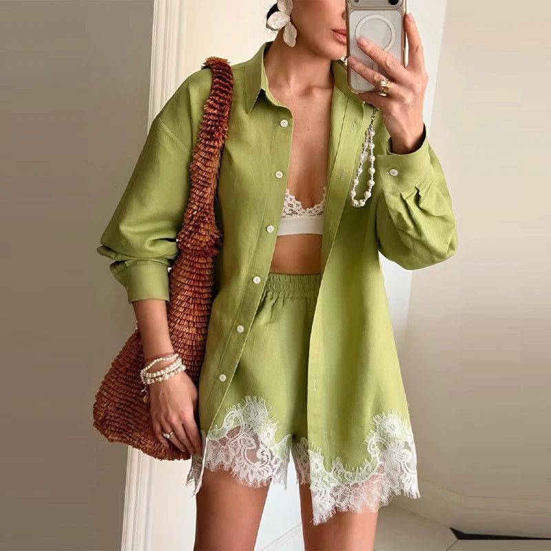 Chic Women Office Shirt Set Casual Lace Patchwork Single Breasted Long Sleeve Lapel Female Blouse Short Pant Summer Streetwear